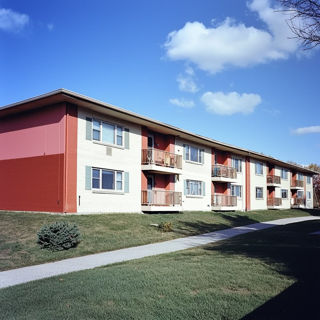 Colorful two-story apartment building with balconies, set on a grassy lawn under a bright blue sky with scattered clouds.