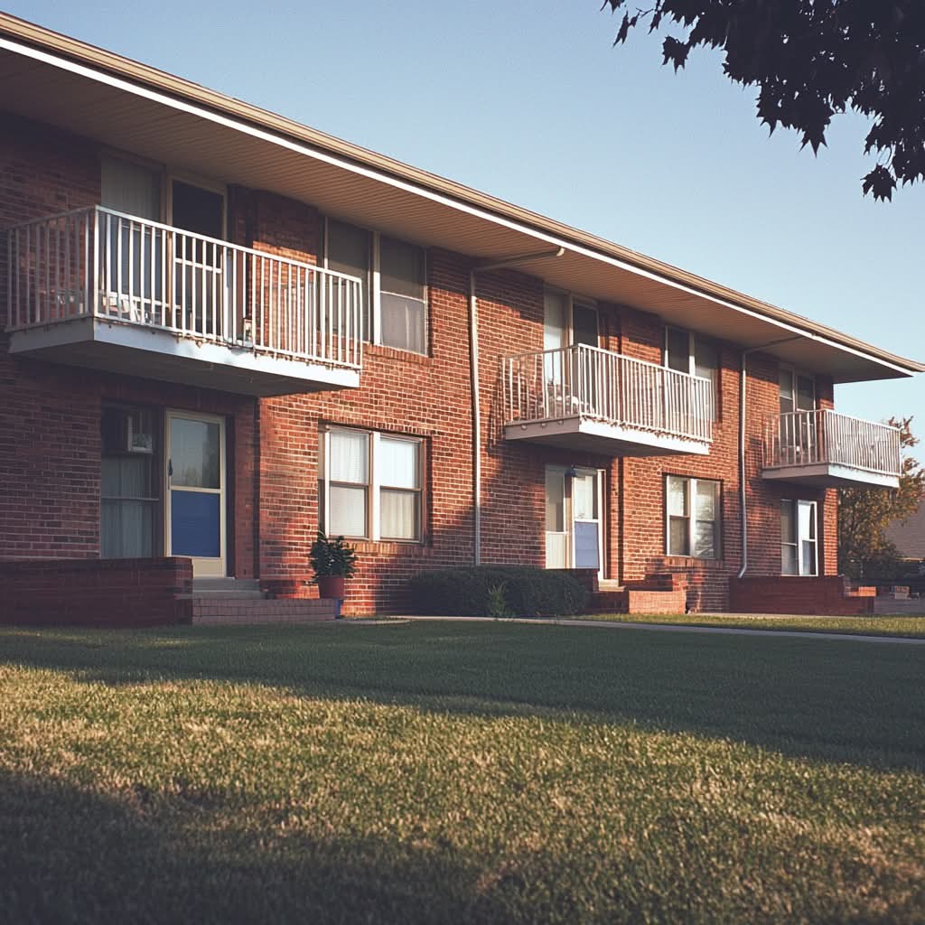 Red brick apartment building featuring white balconies and a manicured lawn, illuminated by soft, late afternoon sunlight.